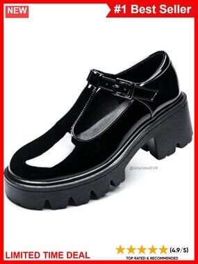 T-Strap Mary Jane Platform Block Heel Patent Leather Dress Pumps